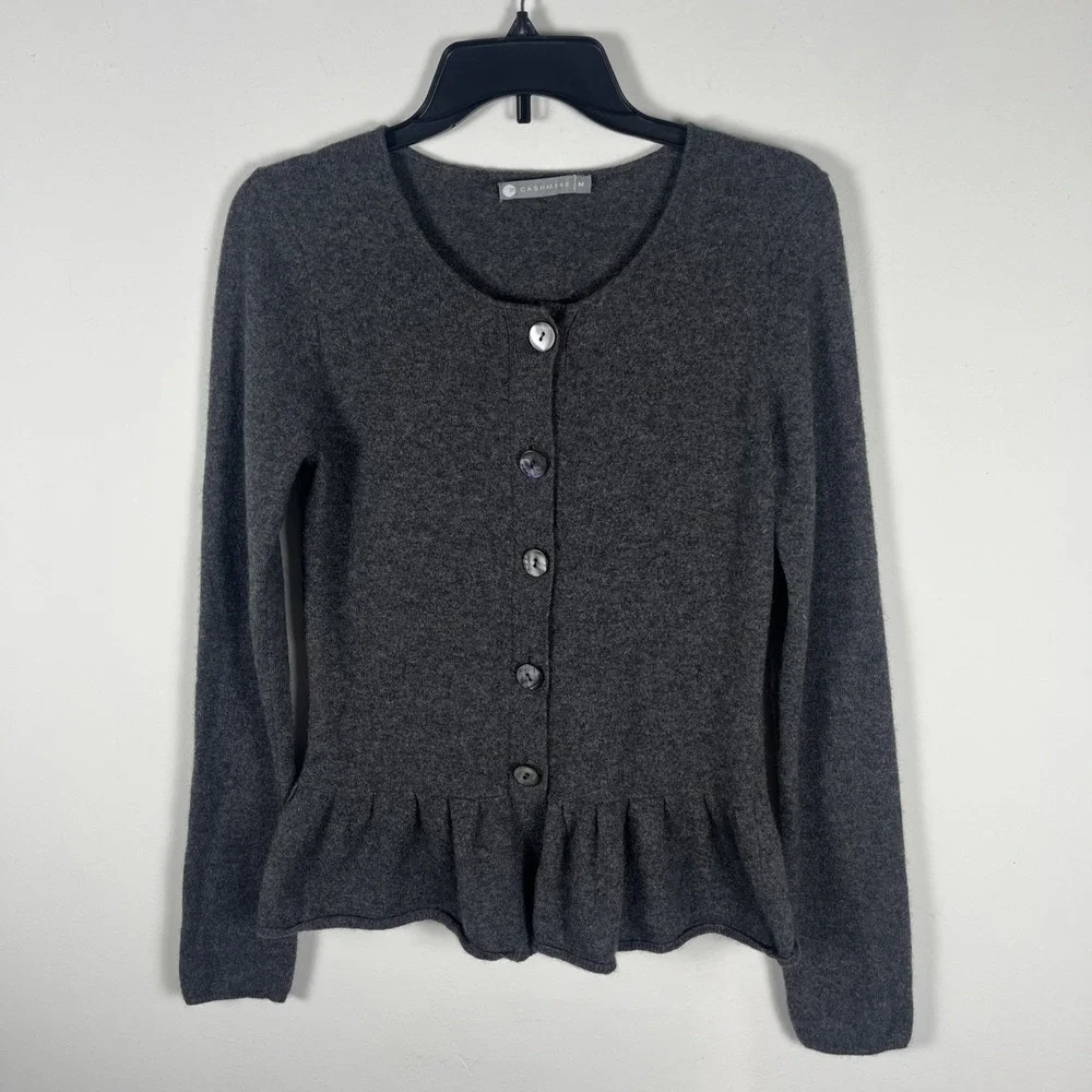 In Cashmere 100% Button Front Peplum Ruffle Hem Cardigan Sweater Charcoal Medium